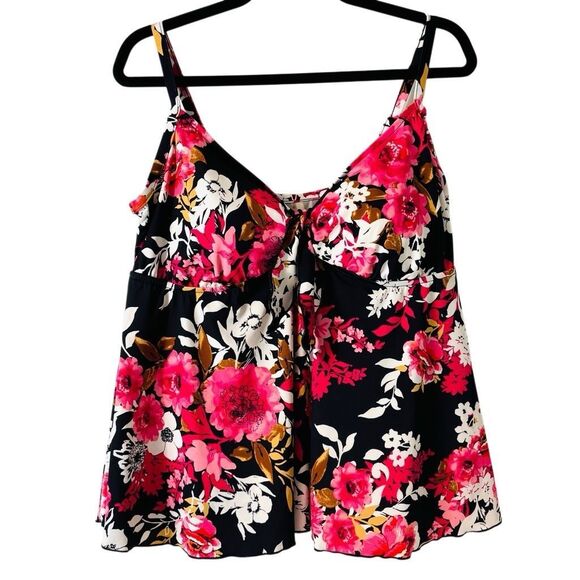 Maxine of Hollywood floral rose red multi on black empire style tankini top 20W. - Picture 1 of 12